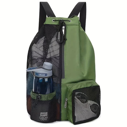 Green Mesh Drawstring Backpack - Lightweight Sports and Beach Bag with Pockets.