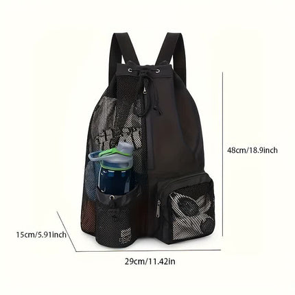 Purple Mesh Drawstring Backpack - Lightweight Sports and Beach Bag with Pockets.