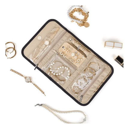 Pink Travel Jewelry Organizer - Compact Roll-Up Storage Bag with Multiple Compartments.