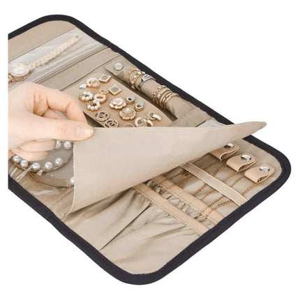 Pink Travel Jewelry Organizer - Compact Roll-Up Storage Bag with Multiple Compartments.