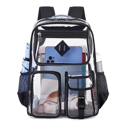 Black Clear Transparent Backpack - Stylish PVC School Bag with Multiple Pockets.