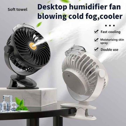 Blue Portable Clip-On Mist Fan - Rechargeable Cooling Fan with Adjustable Spray Modes.