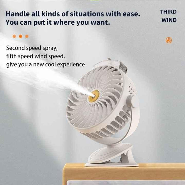 Black Portable Clip-On Mist Fan - Rechargeable Cooling Fan with Adjustable Spray Modes.