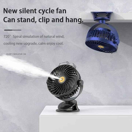 Black Portable Clip-On Mist Fan - Rechargeable Cooling Fan with Adjustable Spray Modes.