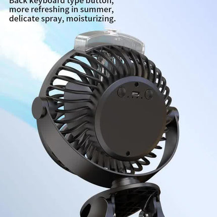 Black Portable Clip-On Mist Fan - Rechargeable Cooling Fan with Adjustable Spray Modes.