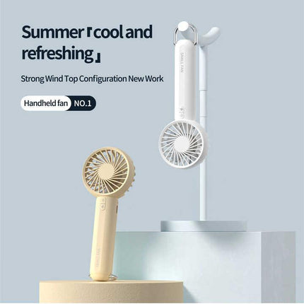 White Mini Handheld Rechargeable Fan - Portable USB-Powered Cooling with Keyring.
