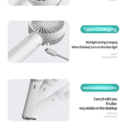 White Mini Handheld Rechargeable Fan - Portable USB-Powered Cooling with Keyring.