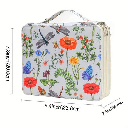 White Floral Design Portable Zippered Pencil Case - 3-Layer Large Capacity Organizer for Stationery & Art Supplies.