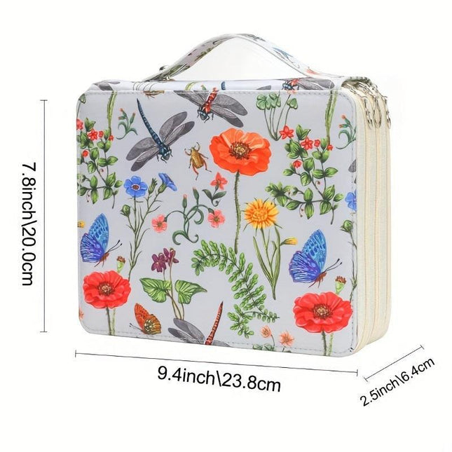 White Floral Design Portable Zippered Pencil Case - 3-Layer Large Capacity Organizer for Stationery & Art Supplies.