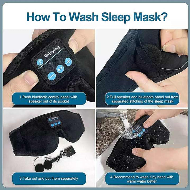 Black Bluetooth 5.0 Wireless Sleep Eye Mask - Soft Plush Eye Cover with Built-in Speakers (13 x 16.5 x 6 cm).