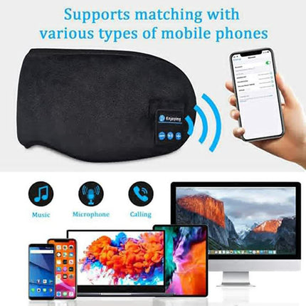 Black Bluetooth 5.0 Wireless Sleep Eye Mask - Soft Plush Eye Cover with Built-in Speakers (13 x 16.5 x 6 cm).