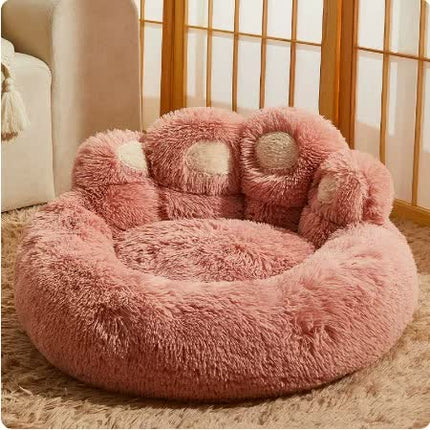 Diameter 90cm Pink Plush Dog Bed with Paw Design - Ultra Soft Round Pet Sofa for Medium to Large Dogs.