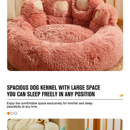 Diameter 90cm Pink Plush Dog Bed with Paw Design - Ultra Soft Round Pet Sofa for Medium to Large Dogs.