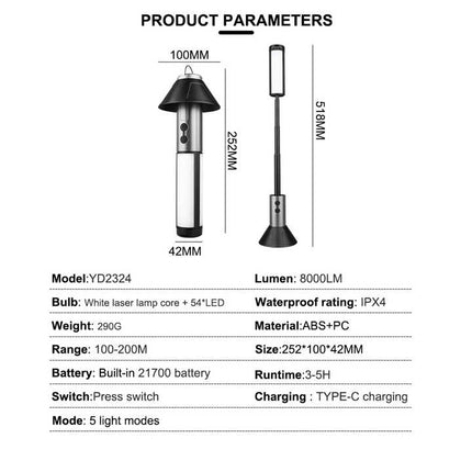 Multifunctional Telescopic Camping Lantern – Portable LED Light with Adjustable Height and USB-C Charging (Up to 51.8 cm).