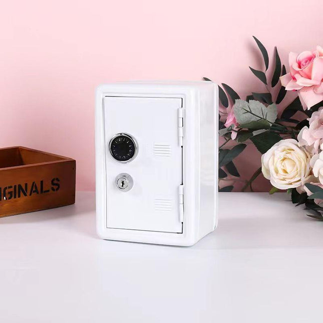White Mini Metal Safe Box with Combination Lock and Key - Compact Security Storage.