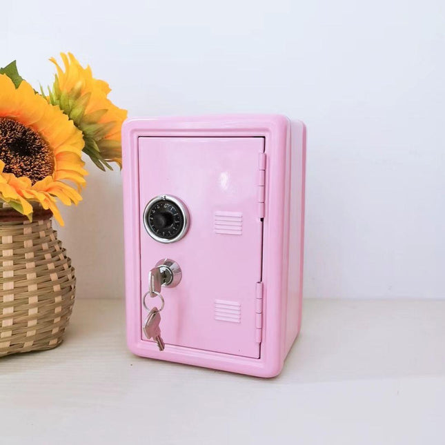 Pink Mini Metal Safe Box with Combination Lock and Key - Compact Security Storage.