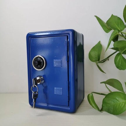 Blue Mini Metal Safe Box with Combination Lock and Key - Compact Security Storage.