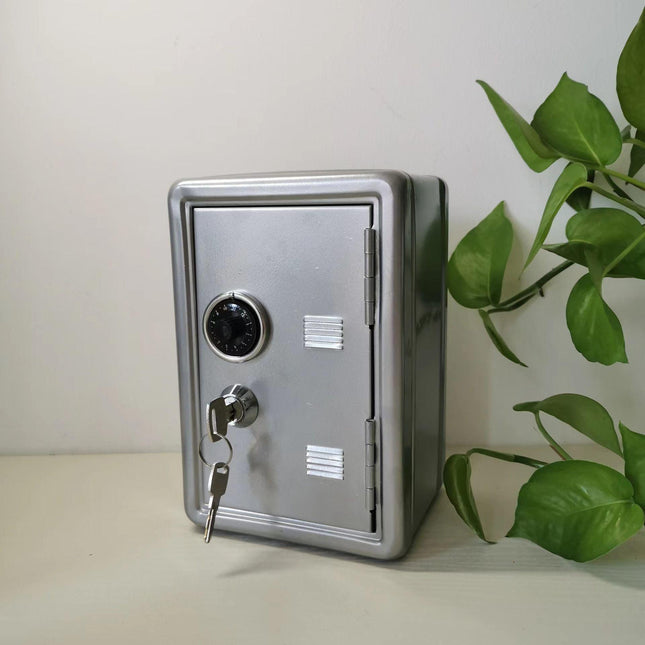 Silver Mini Metal Safe Box with Combination Lock and Key - Compact Security Storage.
