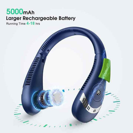 White Rechargeable 5000mAh Portable Neck Fan with 3-Speed Settings.