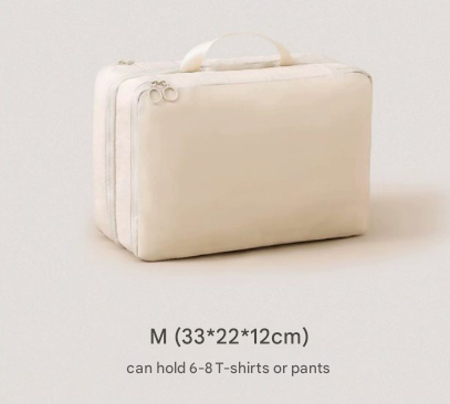 Beige Multifunctional Compact Travel Organizer Bag Stores 6-8 Essentials for Easy Access.