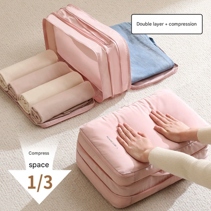 Beige Multifunctional Compact Travel Organizer Bag Stores 6-8 Essentials for Easy Access.