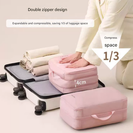 Beige Multifunctional Compact Travel Organizer Bag Stores 6-8 Essentials for Easy Access.
