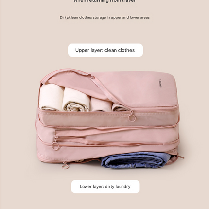 Beige Multifunctional Compact Travel Organizer Bag Stores 6-8 Essentials for Easy Access.
