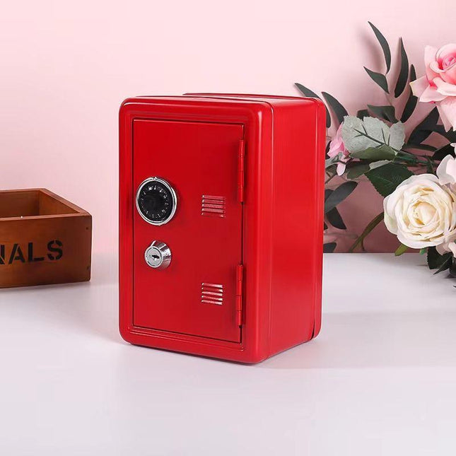 Red Mini Metal Safe Box with Combination Lock and Key - Compact Security Storage.