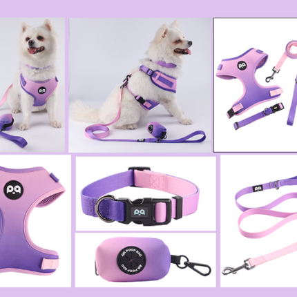 XS Purple-pink Adjustable Soft Pet Harness with Leash & Poop Bag Dispenser.