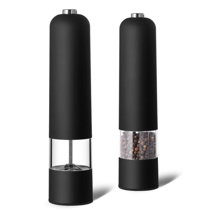 Black Elegant Electric Salt and Pepper Grinder - Modern and Compact for Effortless Seasoning.