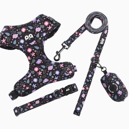 M Crushed Black Adjustable Soft Pet Harness with Leash & Poop Bag Dispenser.