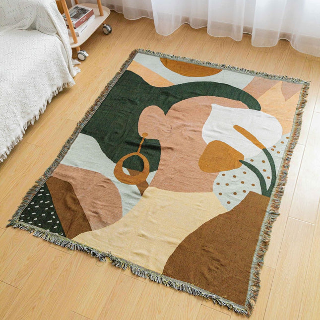 Boho Abstract Woven Blanket – 180x130cm Decorative Throw with Tassel Edges.