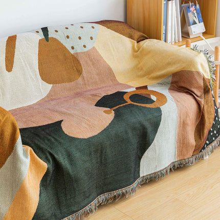 Boho Abstract Woven Blanket – 180x130cm Decorative Throw with Tassel Edges.
