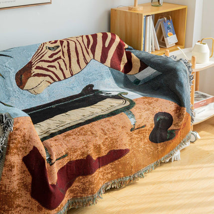 Safari-Inspired Woven Blanket - 160x130cm Artistic Tapestry Throw with Tassel Edges.