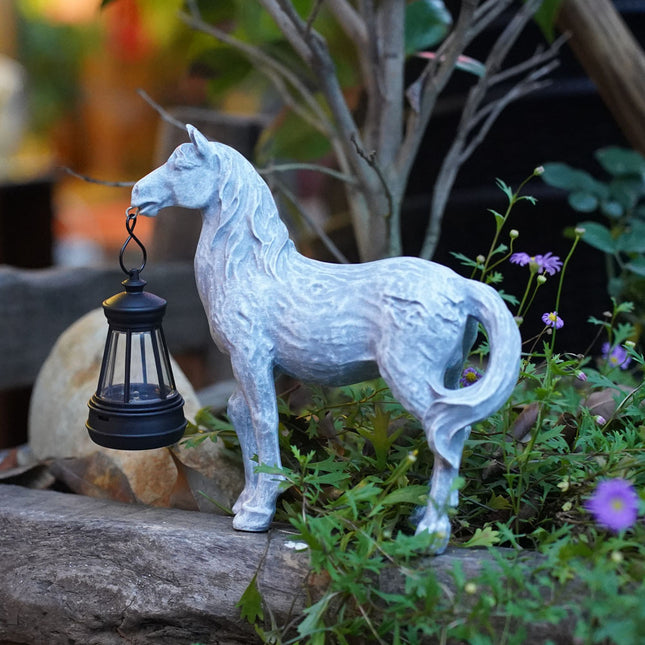 Grey Solar-Powered Horse Statue with LED Lantern – Rustic Outdoor Garden Ornament.