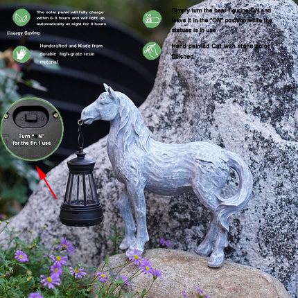 Brown Solar-Powered Horse Statue with LED Lantern - Rustic Outdoor Garden Ornament.
