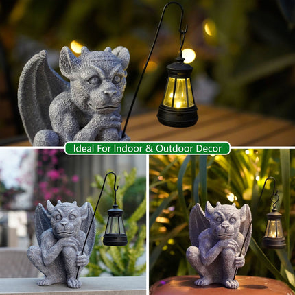 Solar-Powered Gargoyle Statue with LED Lantern – Gothic Outdoor Halloween Garden Decor.