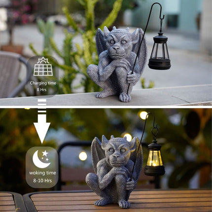 Solar-Powered Gargoyle Statue with LED Lantern – Gothic Outdoor Halloween Garden Decor.