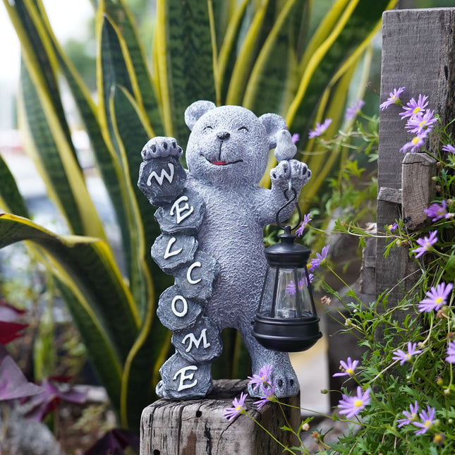 Solar-Powered Welcome Bear Statue with LED Lantern - Outdoor Garden & Patio Decor.