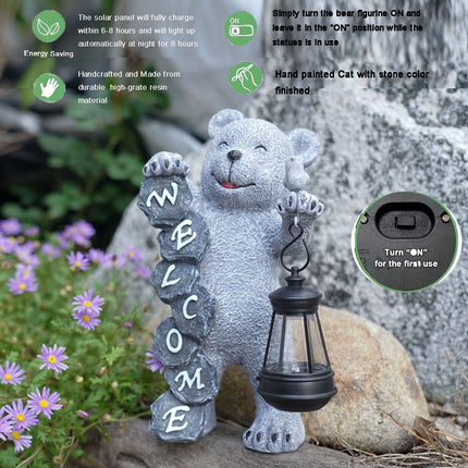 Solar-Powered Welcome Bear Statue with LED Lantern - Outdoor Garden & Patio Decor.