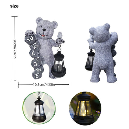Solar-Powered Welcome Bear Statue with LED Lantern - Outdoor Garden & Patio Decor.