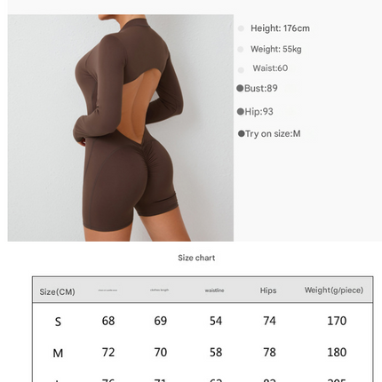 M Grey Backless Scrunch Butt Workout Jumpsuit - Long-Sleeve Open-Back Yoga Romper.