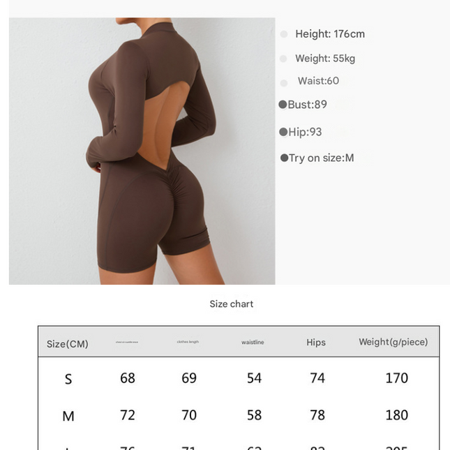M Grey Backless Scrunch Butt Workout Jumpsuit - Long-Sleeve Open-Back Yoga Romper.