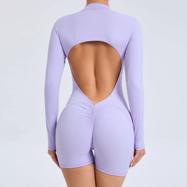 S Purple Backless Scrunch Butt Workout Jumpsuit - Long-Sleeve Open-Back Yoga Romper.