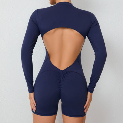 S Purple Backless Scrunch Butt Workout Jumpsuit - Long-Sleeve Open-Back Yoga Romper.