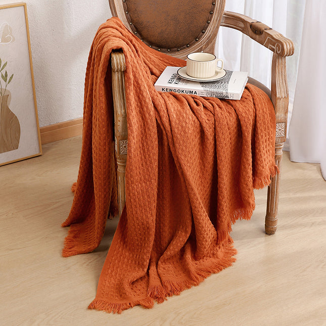 130*230CM Caramel Nordic Solid Color Knitted Sofa Throw Blanket with Tassels - Waffle Weave Polyester Decorative Blanket.
