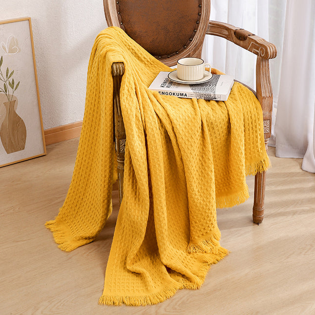 130*230CM Bright Yellow Nordic Solid Color Knitted Sofa Throw Blanket with Tassels - Waffle Weave Polyester Decorative Blanket.