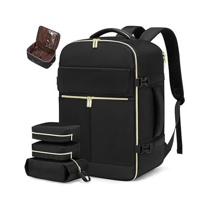Black 40L Large Capacity Travel Business Backpack with Expandable Compartments, Including 2 Toiletry Bags and Shoe Bag - Durable Oxford Fabric.