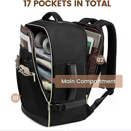 Black 40L Large Capacity Travel Business Backpack with Expandable Compartments, Including 2 Toiletry Bags and Shoe Bag - Durable Oxford Fabric.