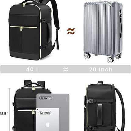 Black 40L Large Capacity Travel Business Backpack with Expandable Compartments, Including 2 Toiletry Bags and Shoe Bag - Durable Oxford Fabric.
